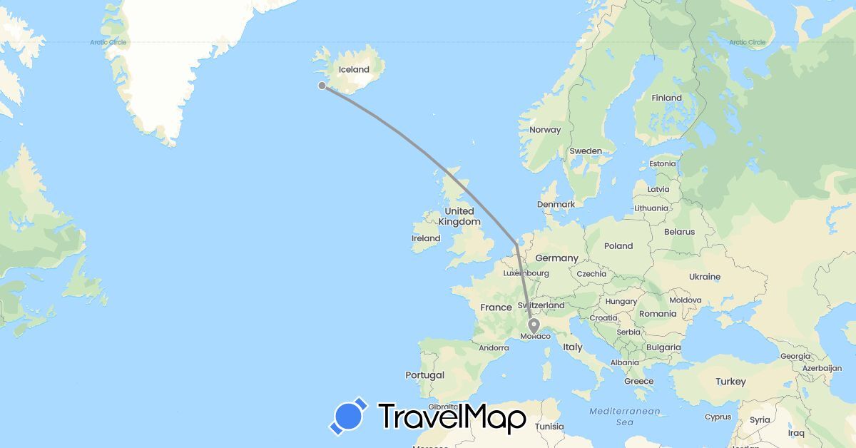 TravelMap itinerary: plane in France, Iceland, Netherlands (Europe)
